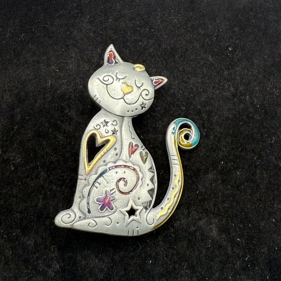 Kitty Pin All Decked Out in Enamel Accents in Silver Tone - Picture 1 of 2